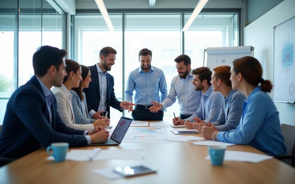 Diverse team collaborating on a network plan in a modern office